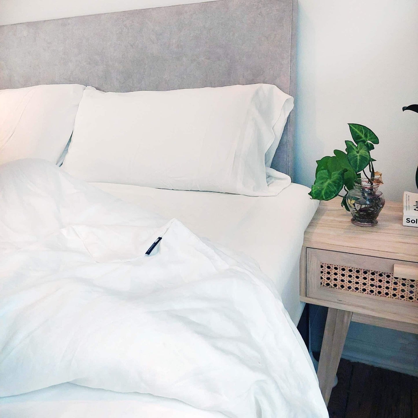 White bamboo duvet set in room – duvet and pillows, soft, breathable and sustainable bedding