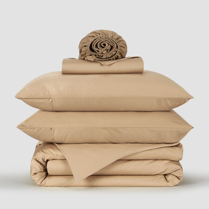 Jogo Capa de Edredão roupa de cama Bege bambu by Momo Cotton – tecido de cetim 300 fios, suave, respirável e sustentável.
