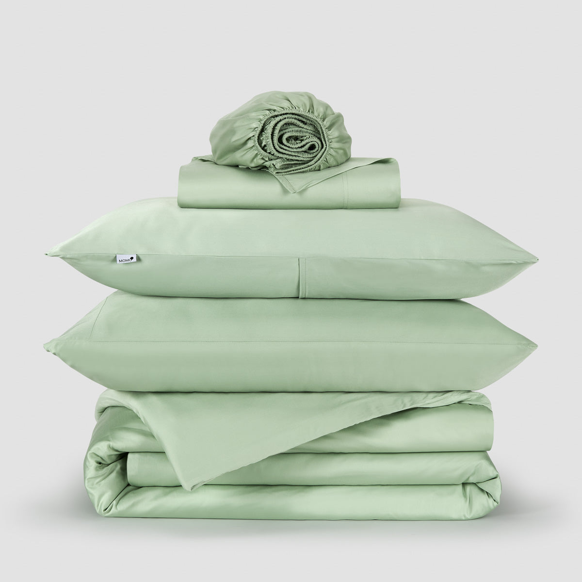 Jogo Capa de Edredão roupa de cama verde bambu by Momo Cotton – tecido de cetim 300 fios, suave, respirável e sustentável.