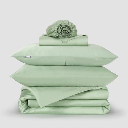 Jogo Capa de Edredão roupa de cama verde bambu by Momo Cotton – tecido de cetim 300 fios, suave, respirável e sustentável.