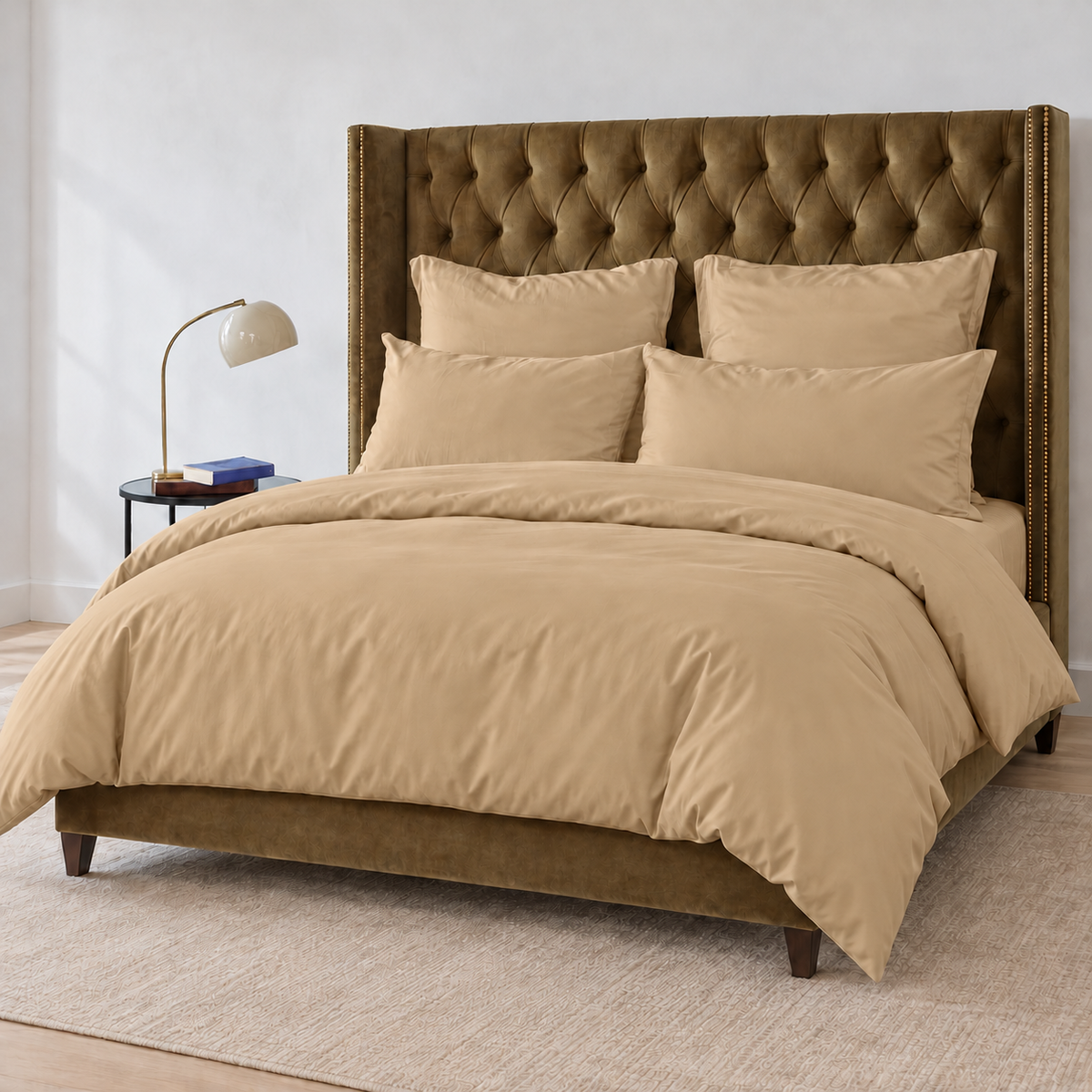 Beige duvet cover set on bed with brown upholstered headboard, bamboo bedding