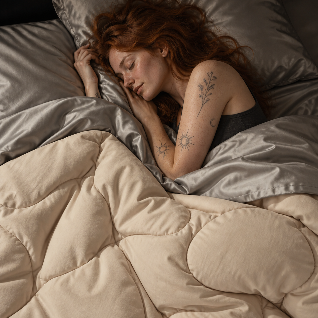 Mujer durmiendo en edredón beige 2 en 1 con almohadas grises, vista superior.