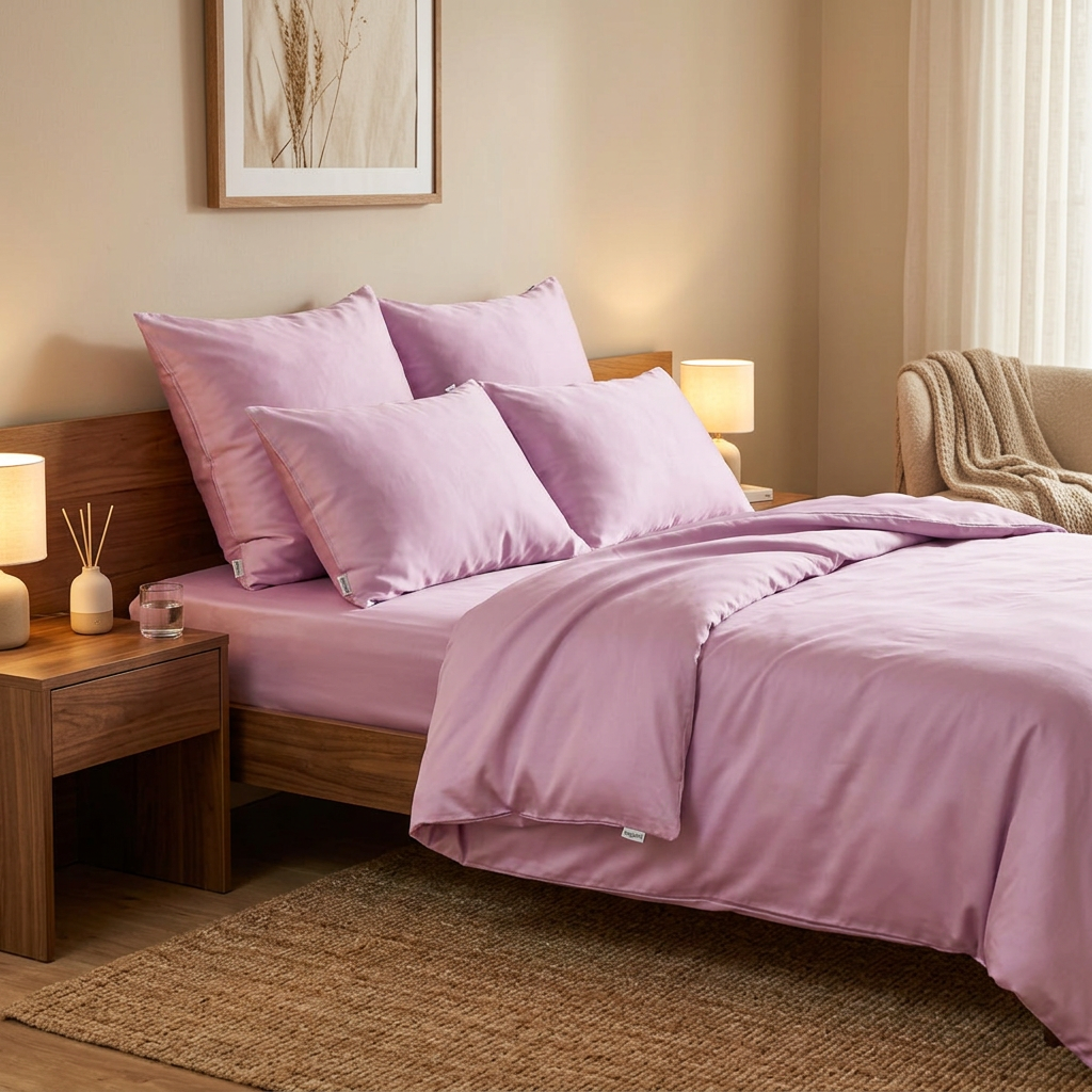 Pink duvet cover set on wooden bed with pillows in cozy bedroom with neutral tones