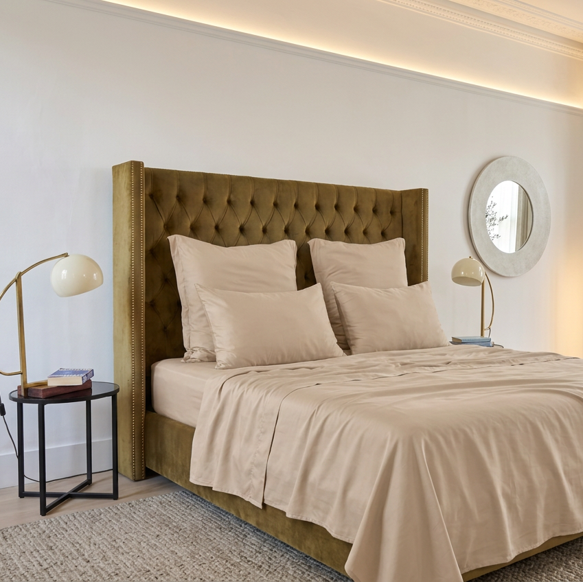 Beige top sheet set on bed with upholstered headboard, pillows and round wall mirror